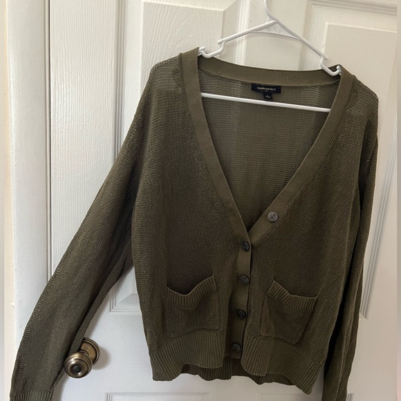 Olive Green Deep V-Neck 5 Button Cardigan w/ Small Front Pockets - Picture 2 of 7